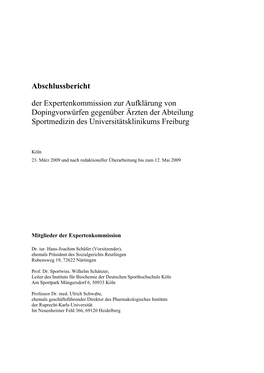 Abschlussbericht Der Expertenkommission Zur Aufklärung Von Dopingvorwürfen Gegenüber Ärzten Der Abteilung Sportmedizin Des Universitätsklinikums Freiburg