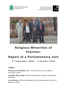 Religious Minorities of Pakistan: Report of a Parliamentary Visit 27 September 2018 – 3 October 2018