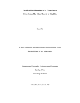 A Case Study of Bai Ethnic Minority in Dali, China Huier Ma a Thesis Submitte