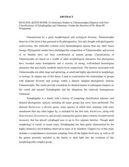 ABSTRACT BAYLESS, KEITH MOHR. Evolutionary Studies in Tabanomorpha (Diptera) with New Classifications of Xylophagidae and Tabani