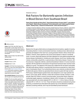 Risk Factors for Bartonella Species Infection in Blood Donors from Southeast Brazil