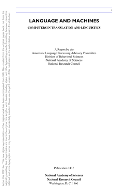 LANGUAGE and MACHINES R at Not O F COMPUTERS in TRANSLATION and LINGUISTICS However, Version Ng