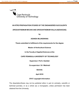 IN-VITRO PROPAGATION STUDIES of the ENDANGERED SUCCULENTS DROSANTHEMUM MICANS and DROSANTHEMUM HALLII (AIZOACEAE) by ASANDA MLUN