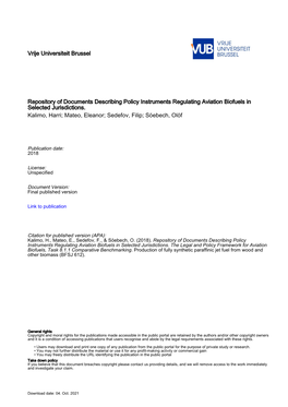 Vrije Universiteit Brussel Repository of Documents Describing Policy Instruments Regulating Aviation Biofuels in Selected Jurisd