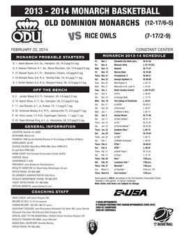 2014 MONARCH BASKETBALL OLD DOMINION MONARCHS (12-17/6-5) Vs RICE OWLS (7-17/2-9)