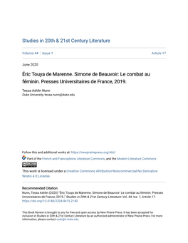 Éric Touya De Marenne. Simone De Beauvoir: Le Combat Au Féminin