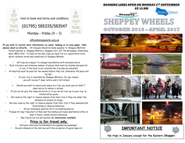 SHEPPEY WHEELS OCTOBER 2016 – APRIL 2017 Monday - Friday (9 – 3)