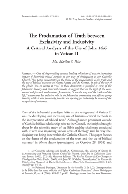 The Proclamation of Truth Between Exclusivity and Inclusivity a Critical Analysis of the Use of John 14:6 in Vatican II