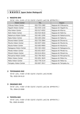 Ippan Sodan Madoguchi 1 NAGOYA-SHI 2 TOYOHASHI-SHI 3