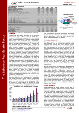 The Lebanese Real Estate Sector Key Trends & Ratios 2004 2005 2006 2007 2008 FDI / Value of Real Estate Transactions 69.11% 84.68% 77.24% 83.49% N.A