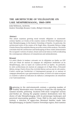 The Architecture of Villégiature on Lake Memphremagog, 1860–1890 Jody Robinson, Archivist, Eastern Townships Resource Centre, Bishop’S University