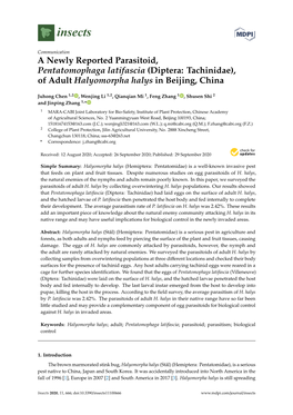 A Newly Reported Parasitoid, Pentatomophaga Latifascia (Diptera: Tachinidae), of Adult Halyomorpha Halys in Beijing, China