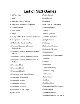 List of NES Games