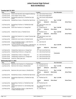 Joliet Central High School BUS SCHEDULE