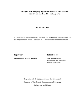 Analysis of Changing Agricultural Pattern in Jessore: Environmental and Social Aspects
