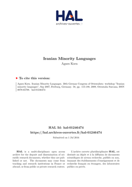 Iranian Minority Languages Agnes Korn