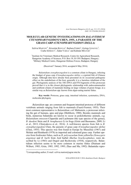 Molecular Genetic Investigations on Balantidium Ctenopharyngodoni Chen, 1955, a Parasite of the Grass Carp (Ctenopharyngodon Idella)