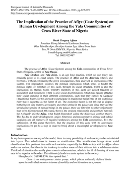 The Implication of the Practice of Afiye (Caste System) on Human Development Among the Yala Communities of Cross River State of Nigeria