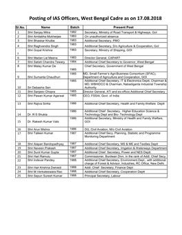 Posting of IAS Officers, West Bengal Cadre As on 17.08.2018