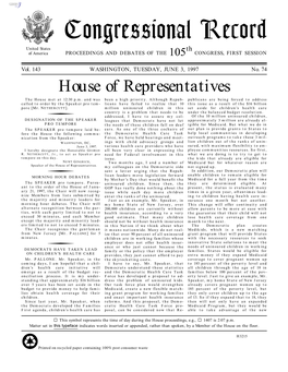 Congressional Record United States Th of America PROCEEDINGS and DEBATES of the 105 CONGRESS, FIRST SESSION