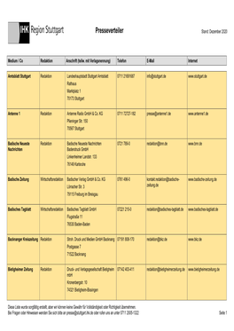 Presseverteiler Stand: Dezember 2020