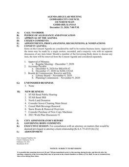 AGENDA-REGULAR MEETING GODDARD CITY COUNCIL 118 NORTH MAIN GODDARD, KANSAS December 21, 2020, 7:00 P.M