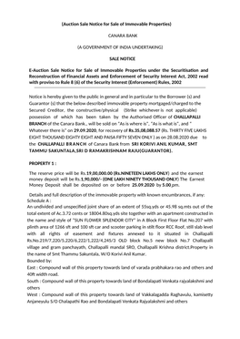 Auction Sale Notice for Sale of Immovable Properties