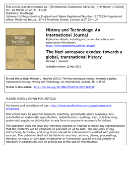 The Nazi Aerospace Exodus: Towards a Global, Transnational History Michael J