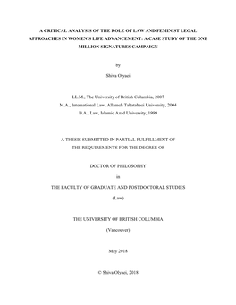 A Critical Analysis of the Role of Law and Feminist Legal Approaches in Women’S Life Advancement: a Case Study of the One Million Signatures Campaign