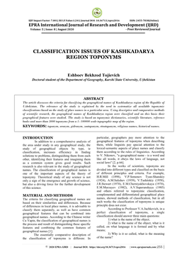 Classification Issues of Kashkadarya Region Toponyms