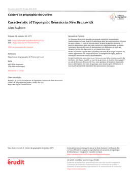 Caracteristic of Toponymic Generics in New Brunswick Alan Rayburn