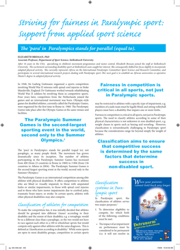 Striving for Fairness in Paral Ympic Sport: Support from Applied Sport Science the ‘Para’ in Paralympics Stands for Parallel (Equal To)