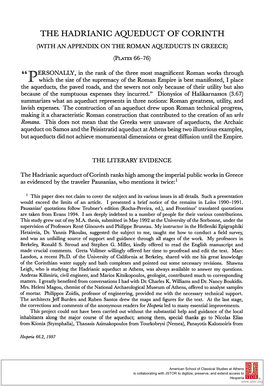 The Hadrianic Aqueduct of Corinth (With an Appendix on the Roman Aqueducts in Greece)
