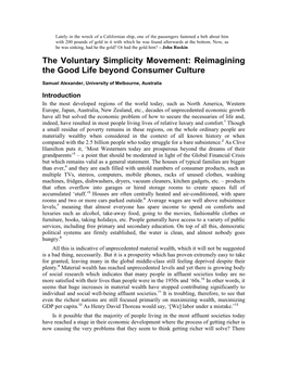 The Voluntary Simplicity Movement: Reimagining the Good Life Beyond Consumer Culture