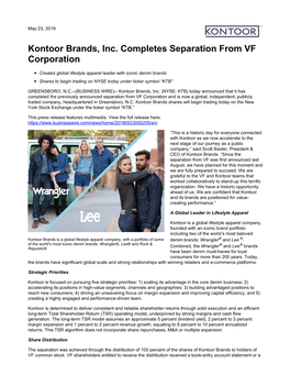Kontoor Brands, Inc. Completes Separation from VF Corporation