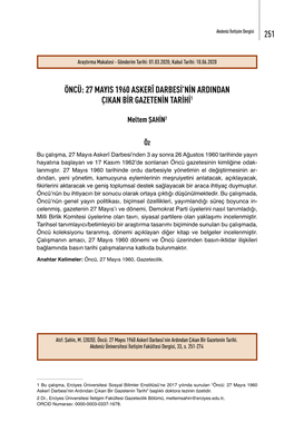 27 Mayis 1960 Askerî Darbesi'nin Ardindan Çikan Bir Gazetenin Tarihi1