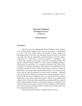 The Oral Traditions of Modern Greece: a Survey