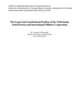 The Legal and Constitutional Position of the Netherlands Armed Forces and International Military Cooperation