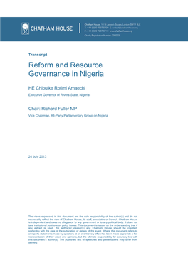 Reform and Resource Governance in Nigeria