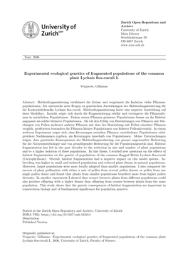 Experimental Ecological Genetics of Fragmented Populations of the Common Plant Lychnis Flos-Cuculi L