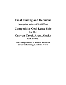 Competitive Coal Lease Sale in the Canyon Creek Area, Alaska ADL 553937