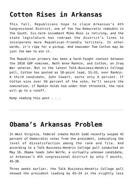 Cotton Rises in Arkansas,Obama's Arkansas Problem,Defending