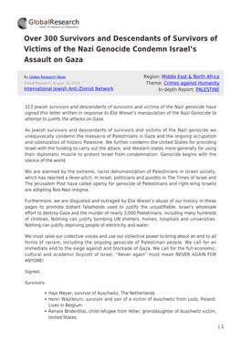 Over 300 Survivors and Descendants of Survivors of Victims of the Nazi Genocide Condemn Israel’S Assault on Gaza