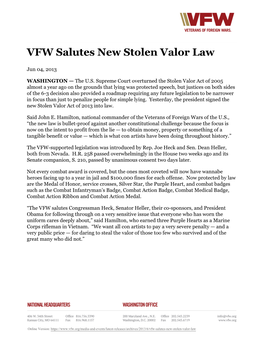 VFW Salutes New Stolen Valor Law