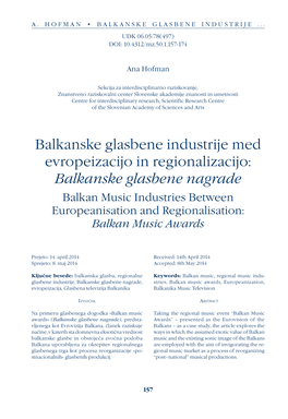 Balkanske Glasbene Nagrade Balkan Music Industries Between Europeanisation and Regionalisation: Balkan Music Awards