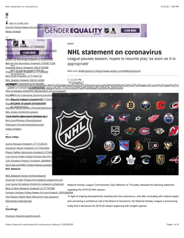 NHL Statement on Coronavirus 3/12/20, 7:39 PM