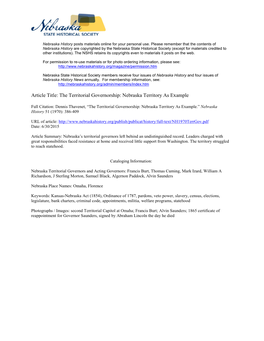 Article Title: the Territorial Governorship: Nebraska Territory As Example