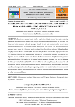 GENETIC DIVERSITY and PHYLOGENY of SUBTERRANEAN TERMITES from MAHARASHTRA USING MITOCHONDRIAL COI GENE Patel Preeti*, Jadhav B