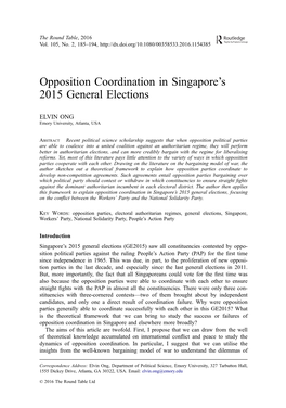 Opposition Coordination in Singapore's 2015 General Elections