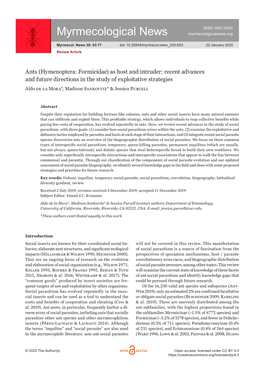 Ants (Hymenoptera: Formicidae) As Host and Intruder: Recent Advances and Future Directions in the Study of Exploitative Strategi